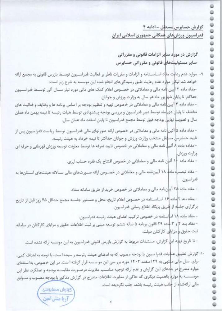 گزارش حسابرس مستقل فدراسیون ورزش‌های همگانی جمهوری اسلامی ایران
